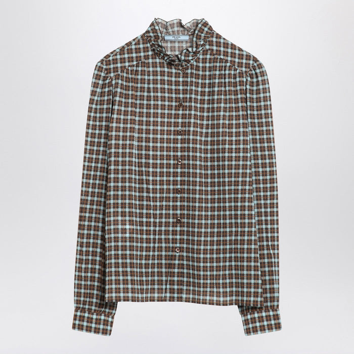 Prada Check-Patterned Shirt Turquoise/Cocoa In Silk Blend