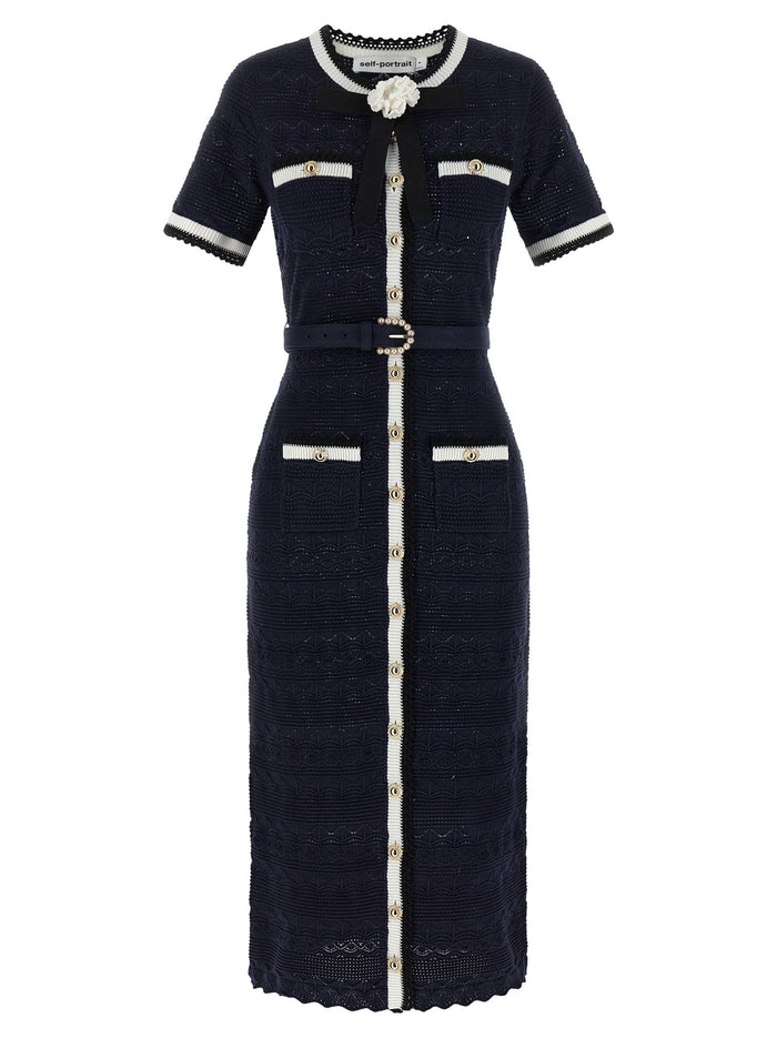 Self Portrait 'Navy Pointelle Knit Midi' Dress