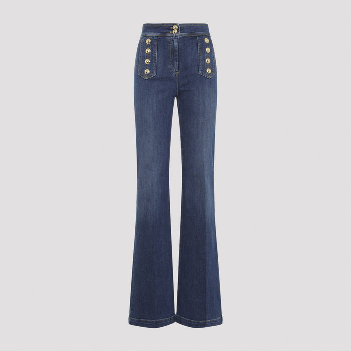 Elisabetta Franchi Blue Denim Button Embellished Trousers