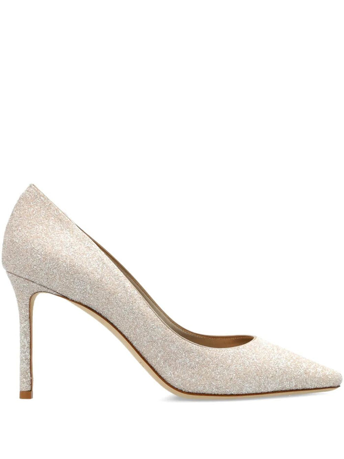 Jimmy Choo Romy 85 Champagne Coarse Glitter Fabric Pumps
