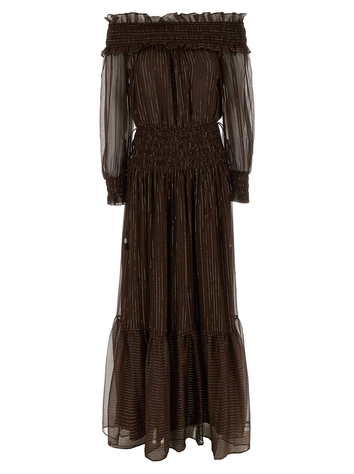 Self Portrait 'Brown Georgette Off Shoulder Maxi' Dress