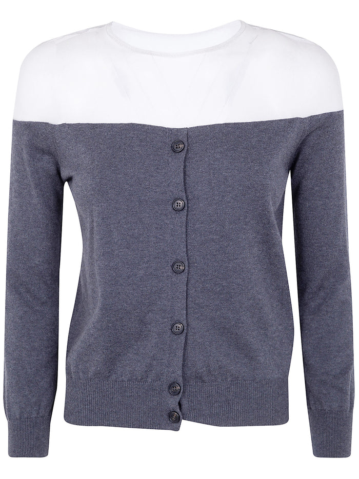 Mm6 Maison Margiela Knit Cardigan With Sheer Yoke In Cotton Dark Grey