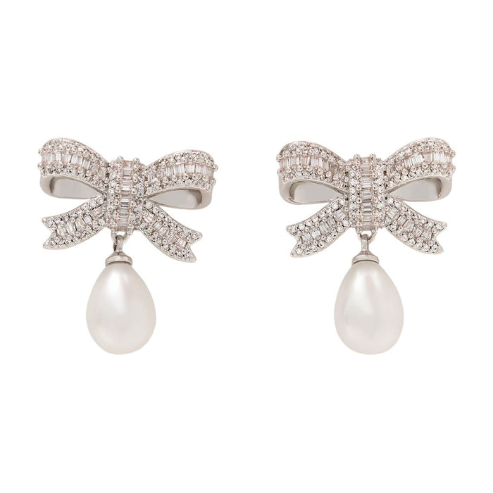 Self-Portrait Crystal Bow Pearl Droplet Earrings -  - Metal - Silver