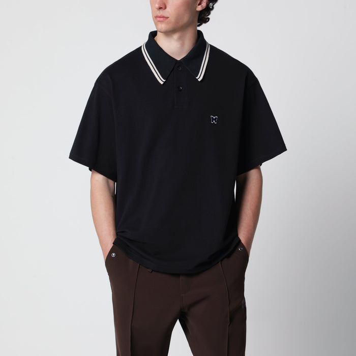 Needles Black Piqué Polo Shirt With Embroidered Butterfly