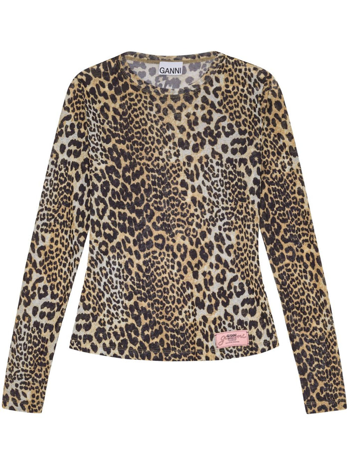 Ganni Leopard Printed Mesh Long-Sleeve Blouse