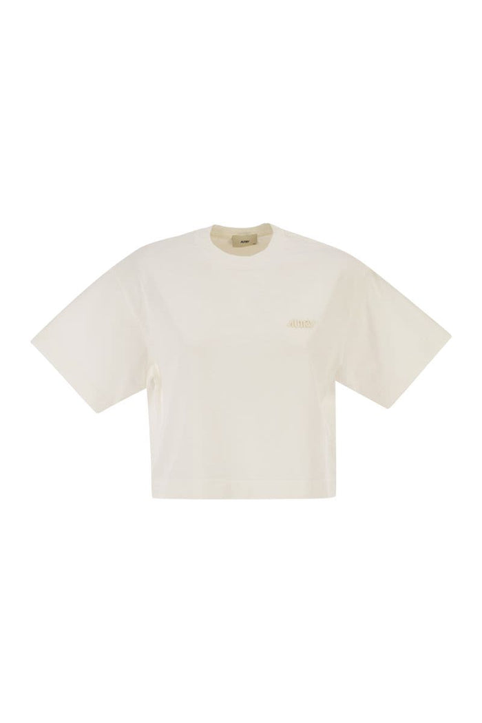 Autry Cropped Cotton T-Shirt With Tone-On-Tone Logo