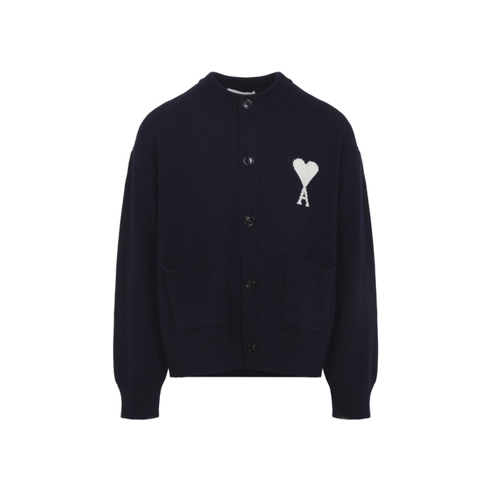 Ami Paris Blue Wool And Cotton Cardigan