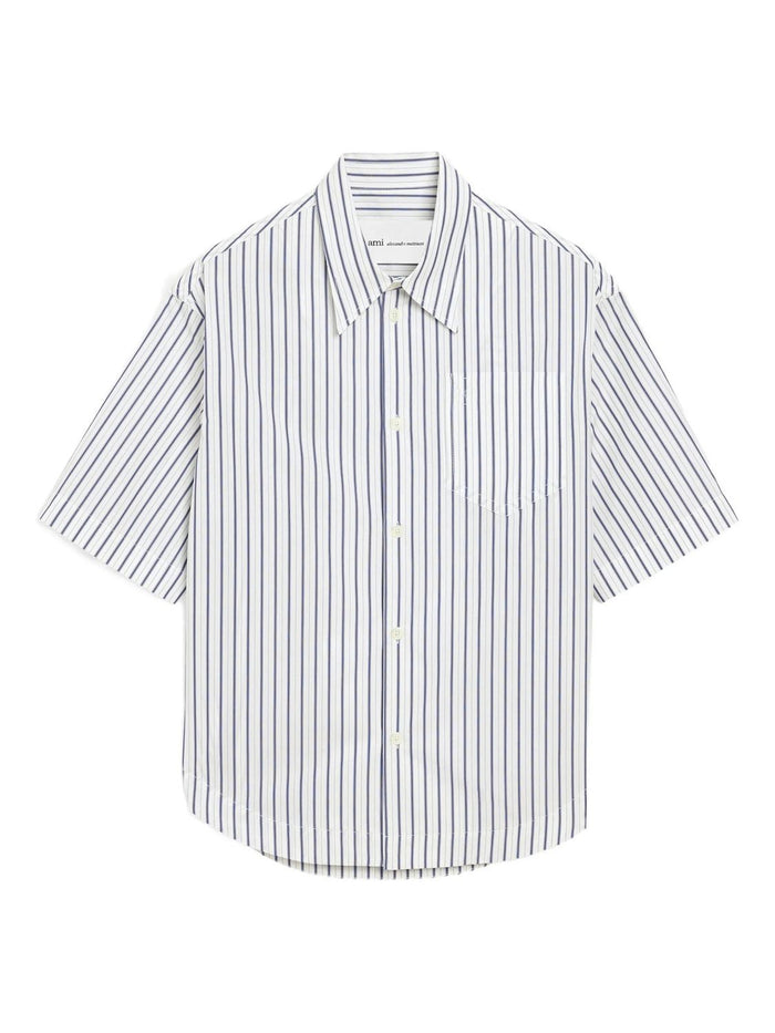 Ami Paris White Shirt With Navy Stripes