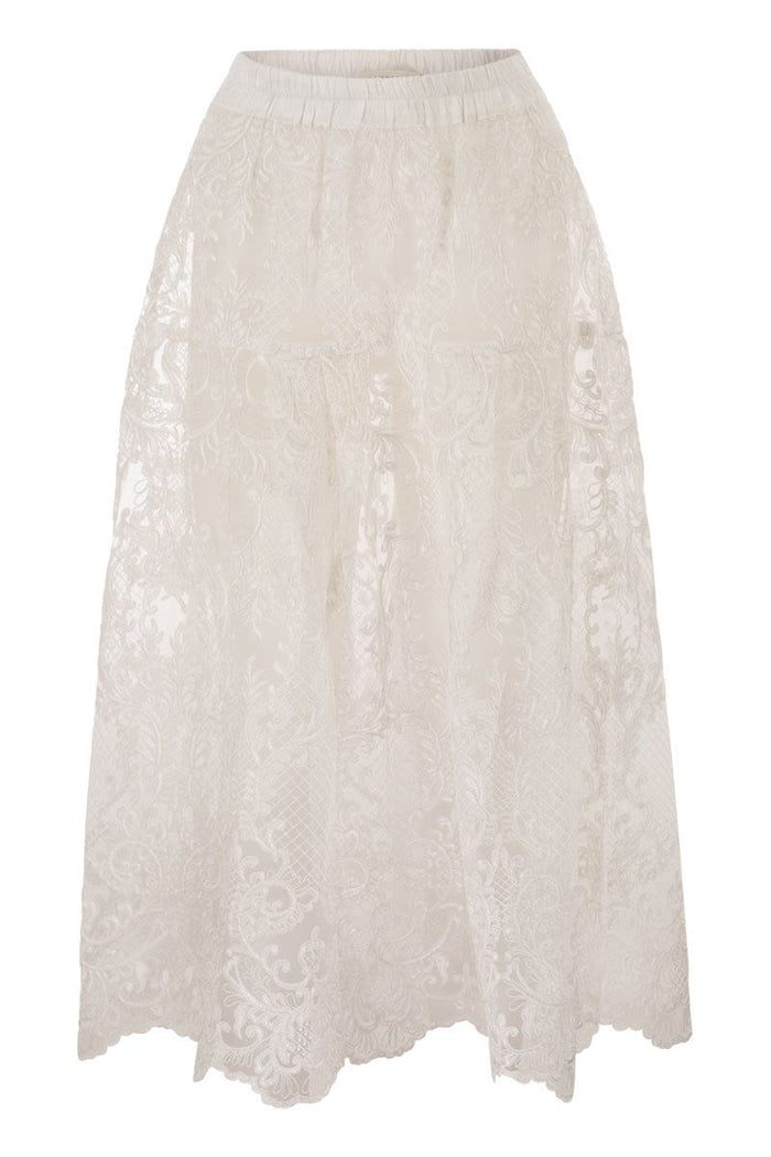 Maurizio Mykonos Embroidered Lace Midi Skirt With Elasticated Waist