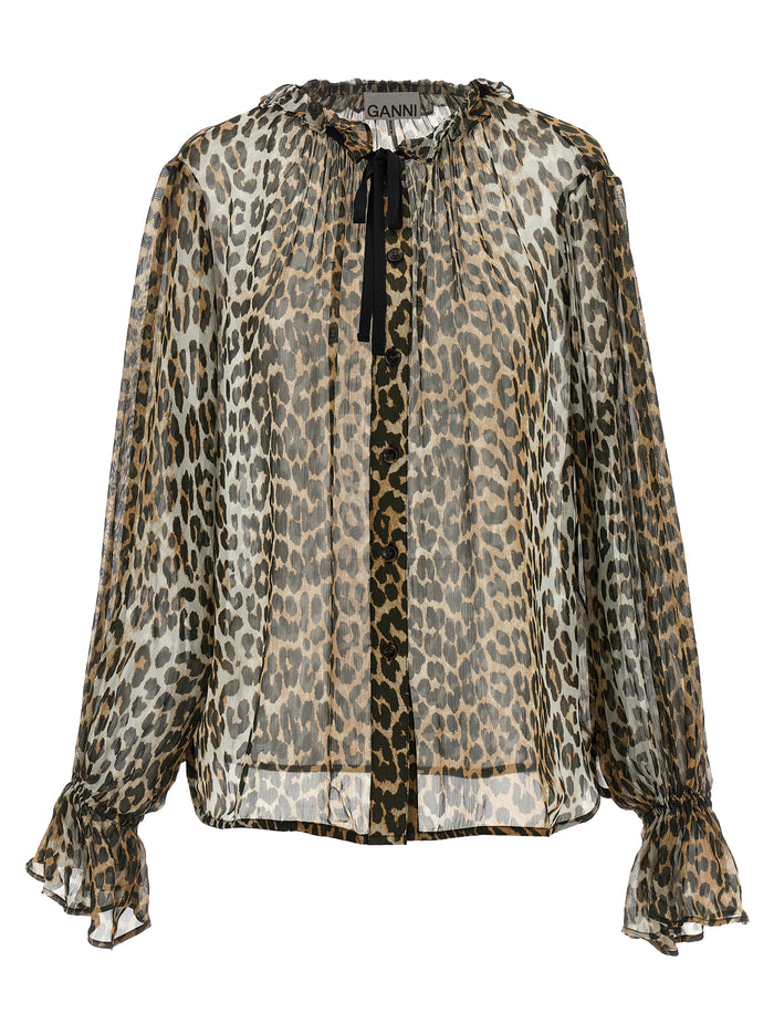 Ganni 'Leopard Print Chiffon Tie String' Shirt