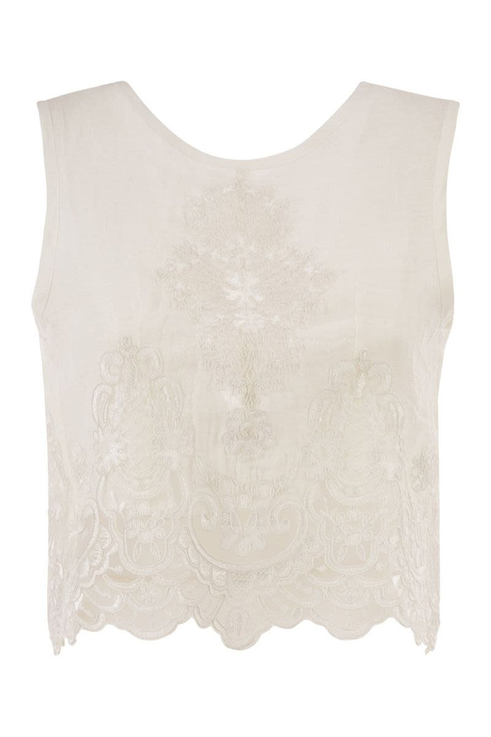 Maurizio Mykonos Linen Top With Tonal Embroidery And Lace Hem