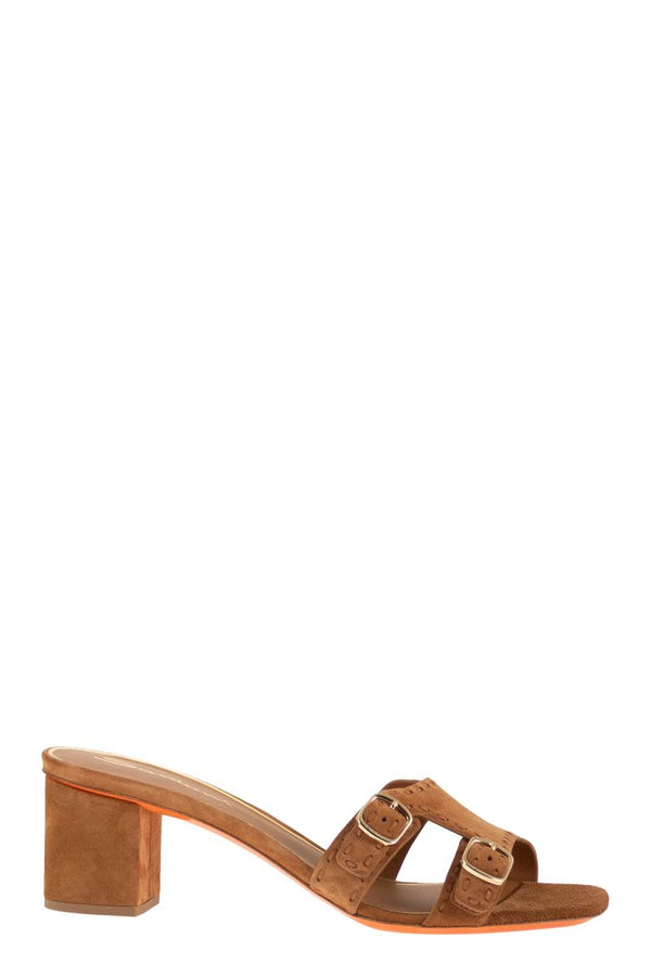 Santoni Suede Mule Sandals With Double Buckle And Block Heel