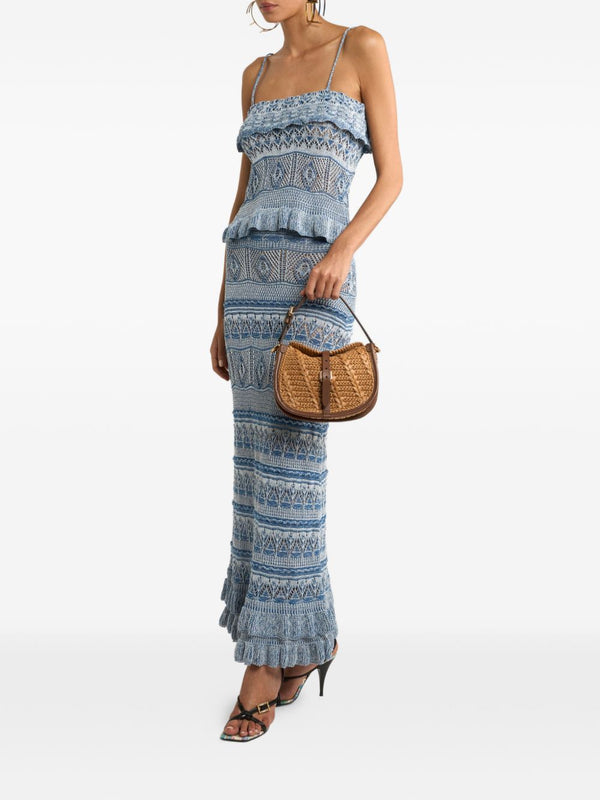 Etro Navy White Knit Skirt With Embroidered Details