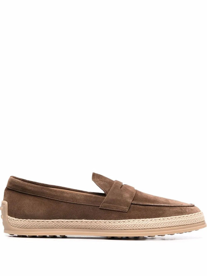 Tod's Suede Loafers With Rubber Outsole And Raffia Piping