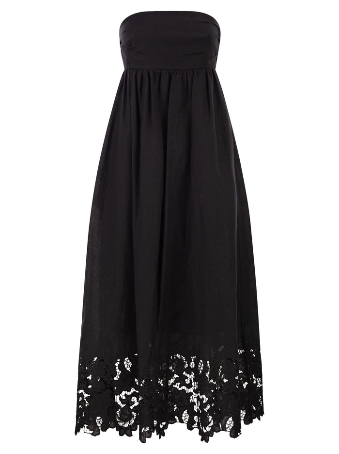 Maxmara Studio Strapless Linen Dress With Embroidered Hem