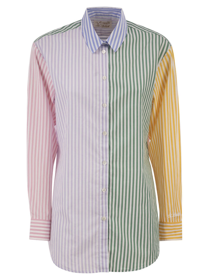 Mc2 Saint Barth Multicolour Striped Cotton Shirt With Back Embroidery