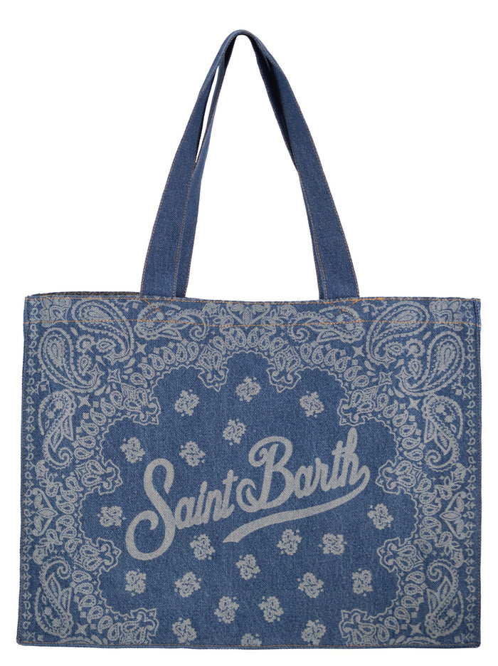 Mc2 Saint Barth Denim Beach Tote Bag With Bandana Print