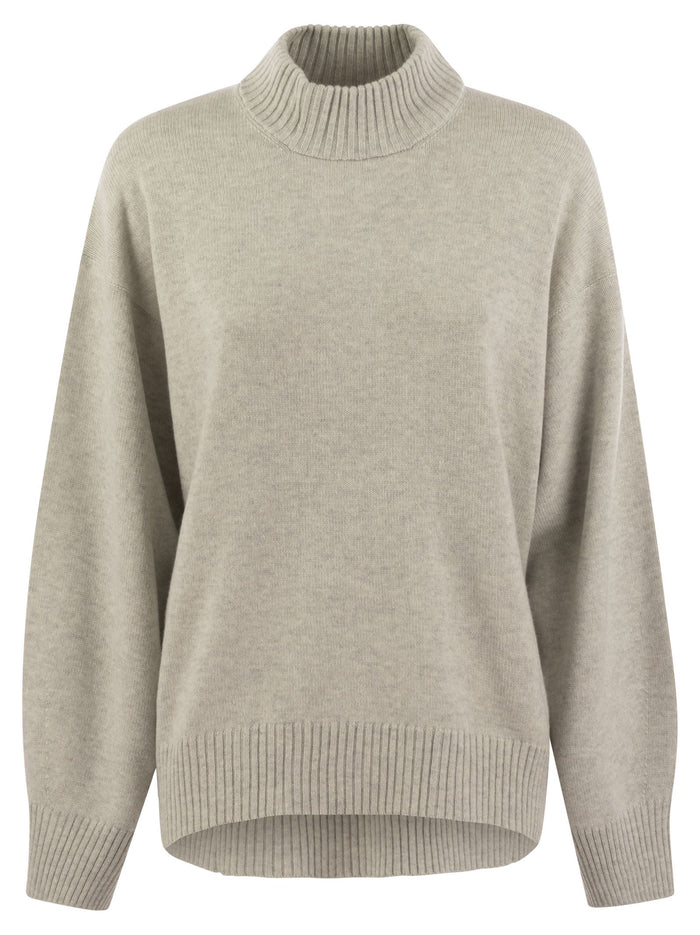 Brunello Cucinelli Cashmere Chimney Neck Sweater With Shiny Cuff Details