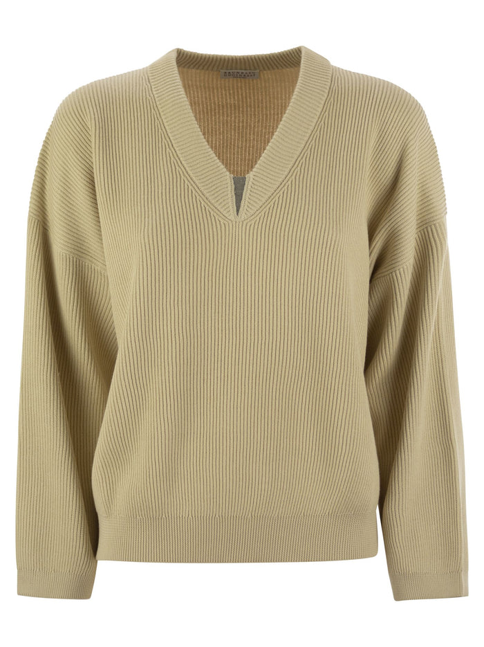 Brunello Cucinelli Cotton Rib Sweater With Shiny Detail