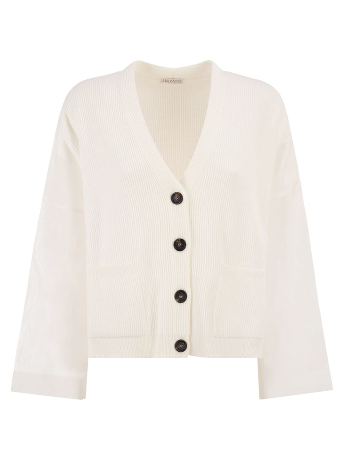 Brunello Cucinelli Ribbed Cardigan With Organza Sleeves