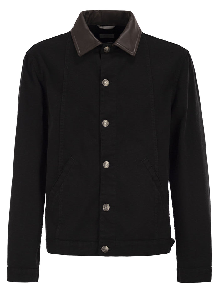 Brunello Cucinelli Lightweight Garment-Dyed Cotton Denim Jacket With Leather Collar