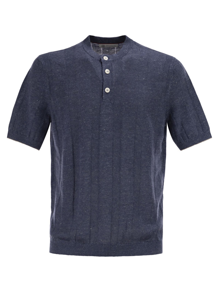 Brunello Cucinelli Seraphim Collar T-Shirt In Linen And Cotton Rib Knit
