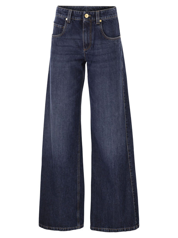 Brunello Cucinelli Wide Trousers In Authentic Denim With Jewellery