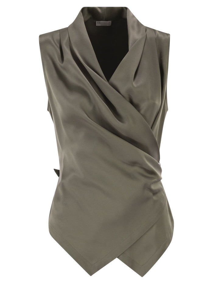 Brunello Cucinelli Wrap-Around Sleeveless Top In Fine Silk Satin