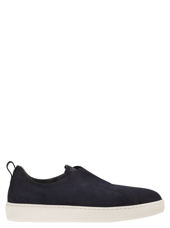 Santoni Suede Leather Slip-On Trainers With Rubber Sole