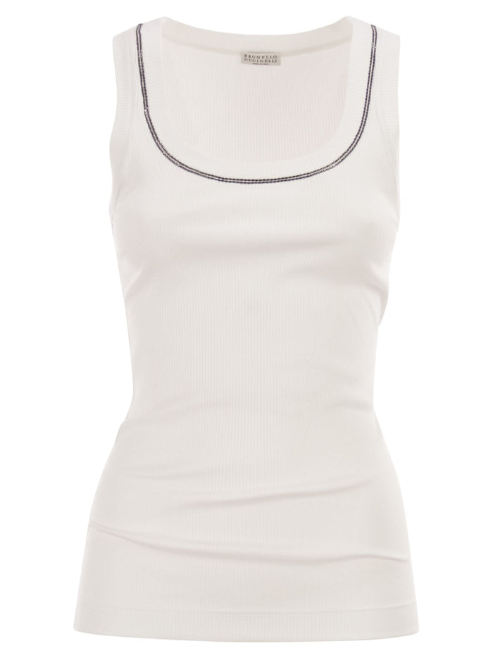 Brunello Cucinelli Sleeveless Ribbed Top In Stretch Cotton With Jewelled Trim