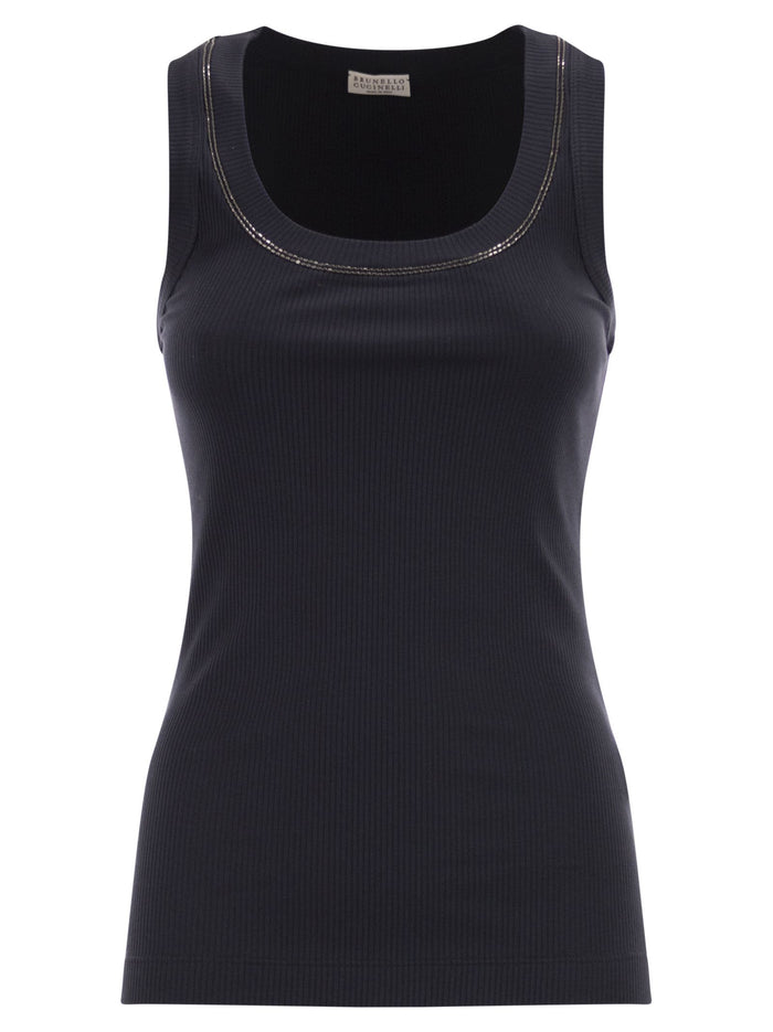 Brunello Cucinelli Sleeveless Ribbed Top In Stretch Cotton With Jewelled Trim