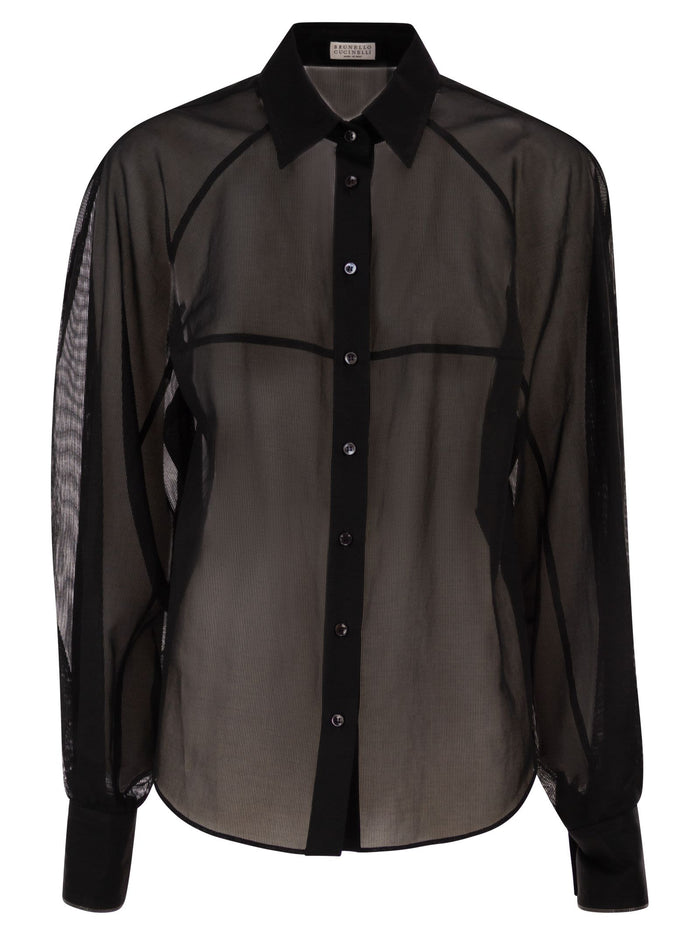 Brunello Cucinelli Cotton Organza Stripe Shirt With Necklace