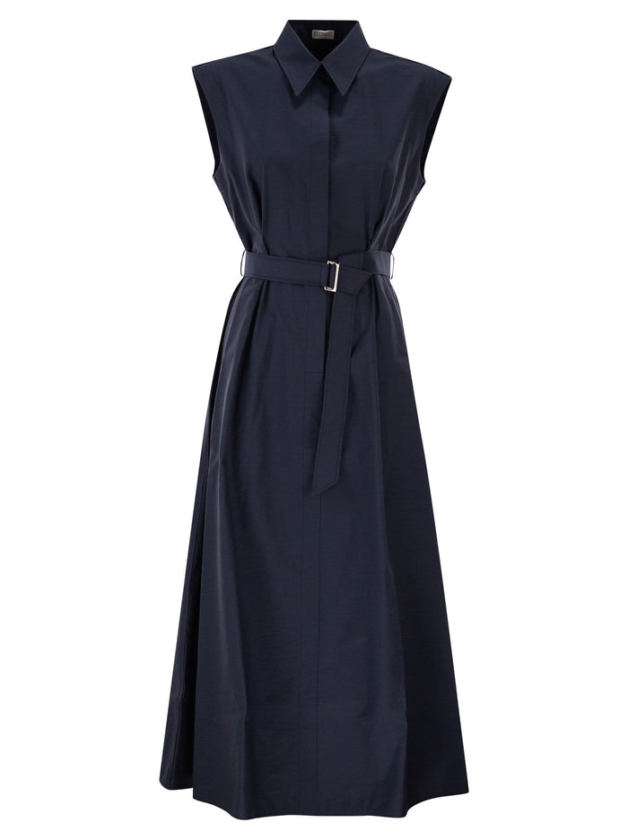 Brunello Cucinelli Long Sleeveless Cotton Dress With Belt At The Waist