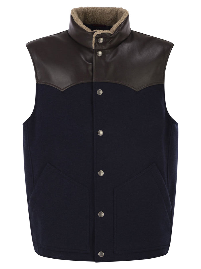 Brunello Cucinelli Wool Padded Gilet With Leather Trims And Shearling Collar