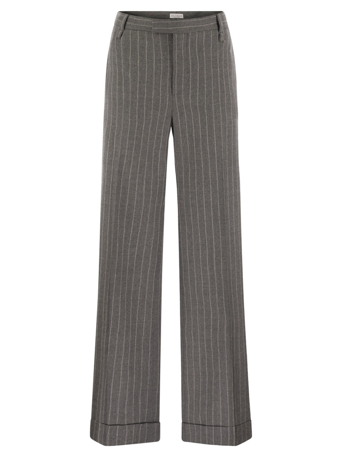 Brunello Cucinelli Loose Flared Trousers In Virgin Wool Mouliné Pinstripe With Beadwork