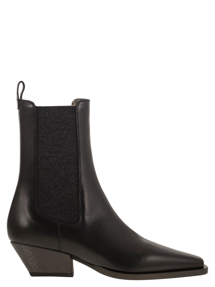 Brunello Cucinelli Classic Leather Chelsea Boot With Precious Block Heels