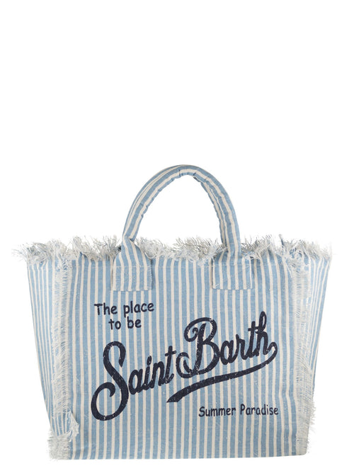 Mc2 Saint Barth Striped Linen Beach Tote Bag With Printed Logo