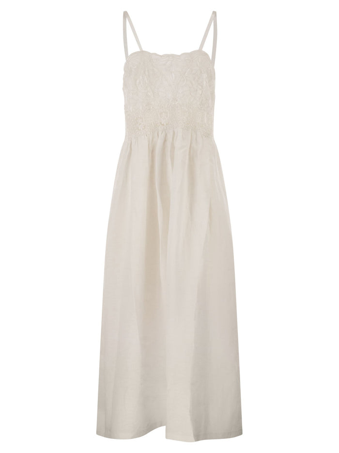 Maurizio Mykonos Long Linen Dress With Embroidered Bodice And Slim Straps