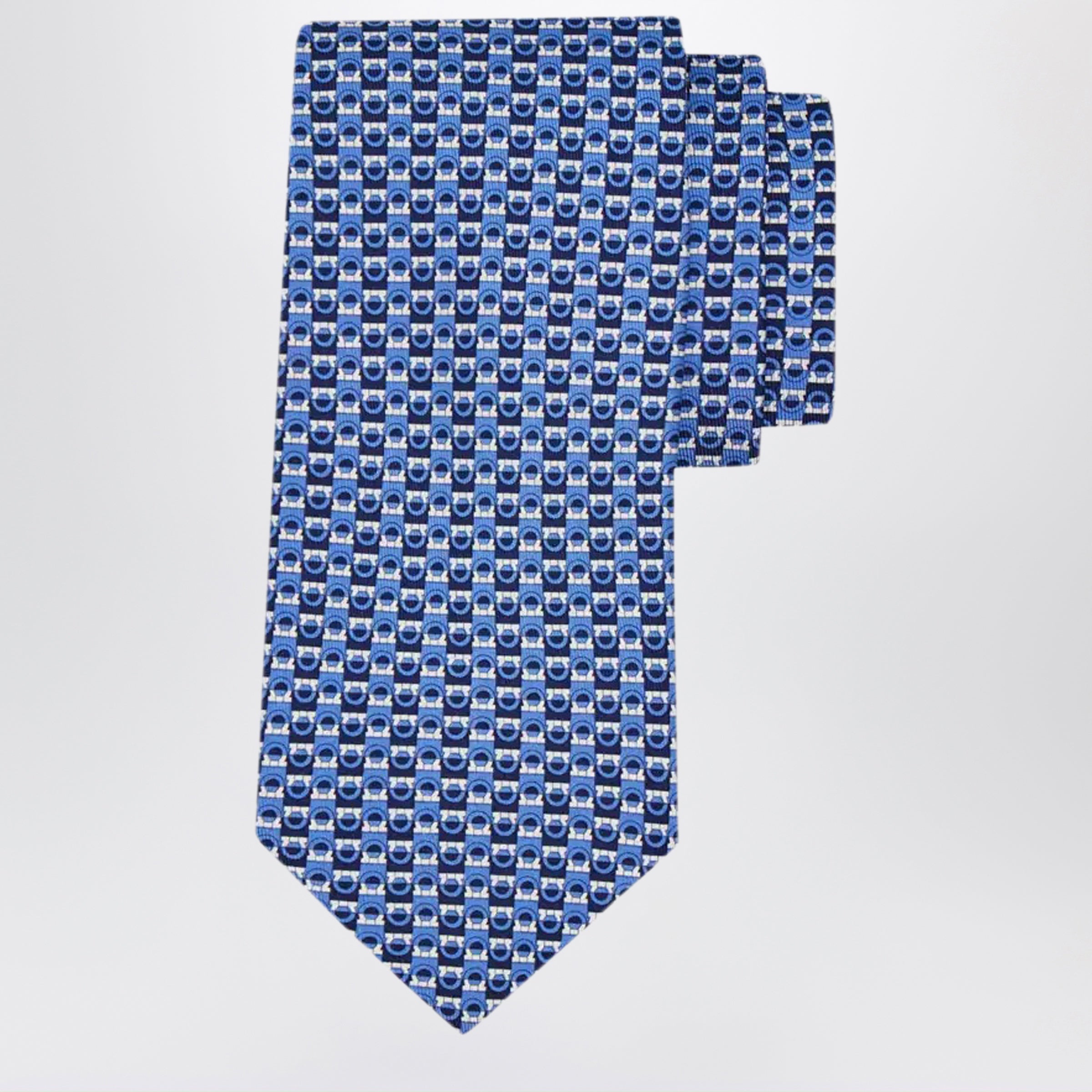 Blue/Light Blue Gancini Print Silk Tie