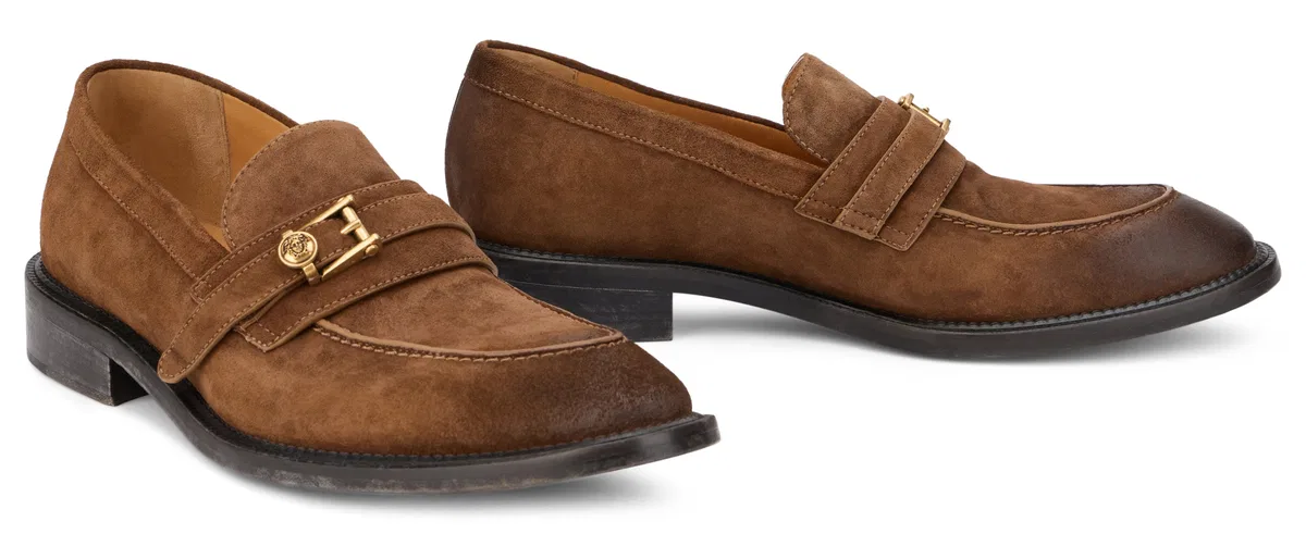 Versace Loafers With Gold Buckle In Brown
