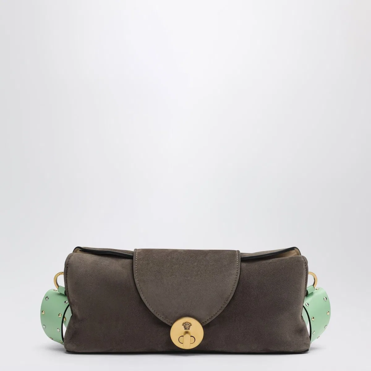 Versace Vivian Pouch In Taupe/mint Suede In Brown