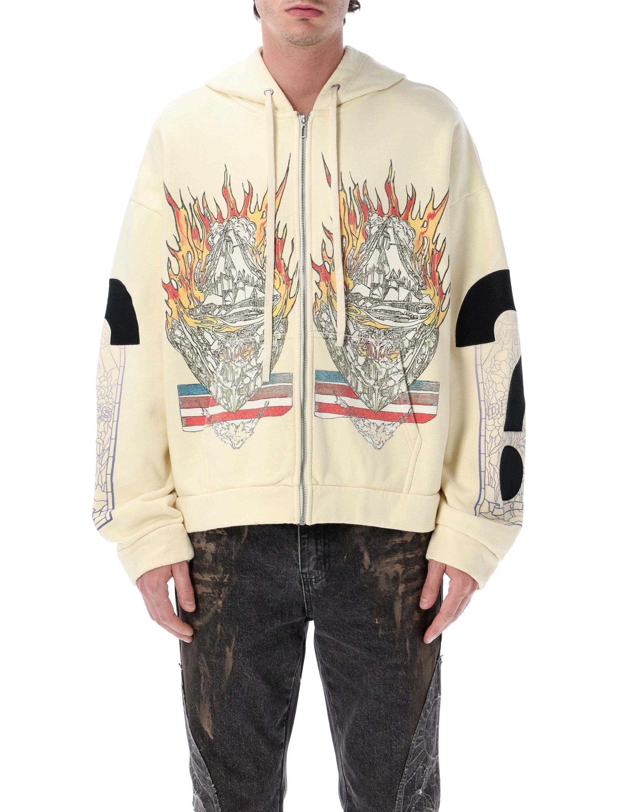 Graphic Cotton Zip Hoodie In Ivory
