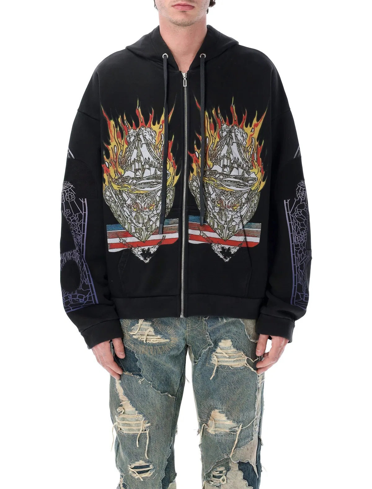 Graphic Cotton Zip Hoodie In Black