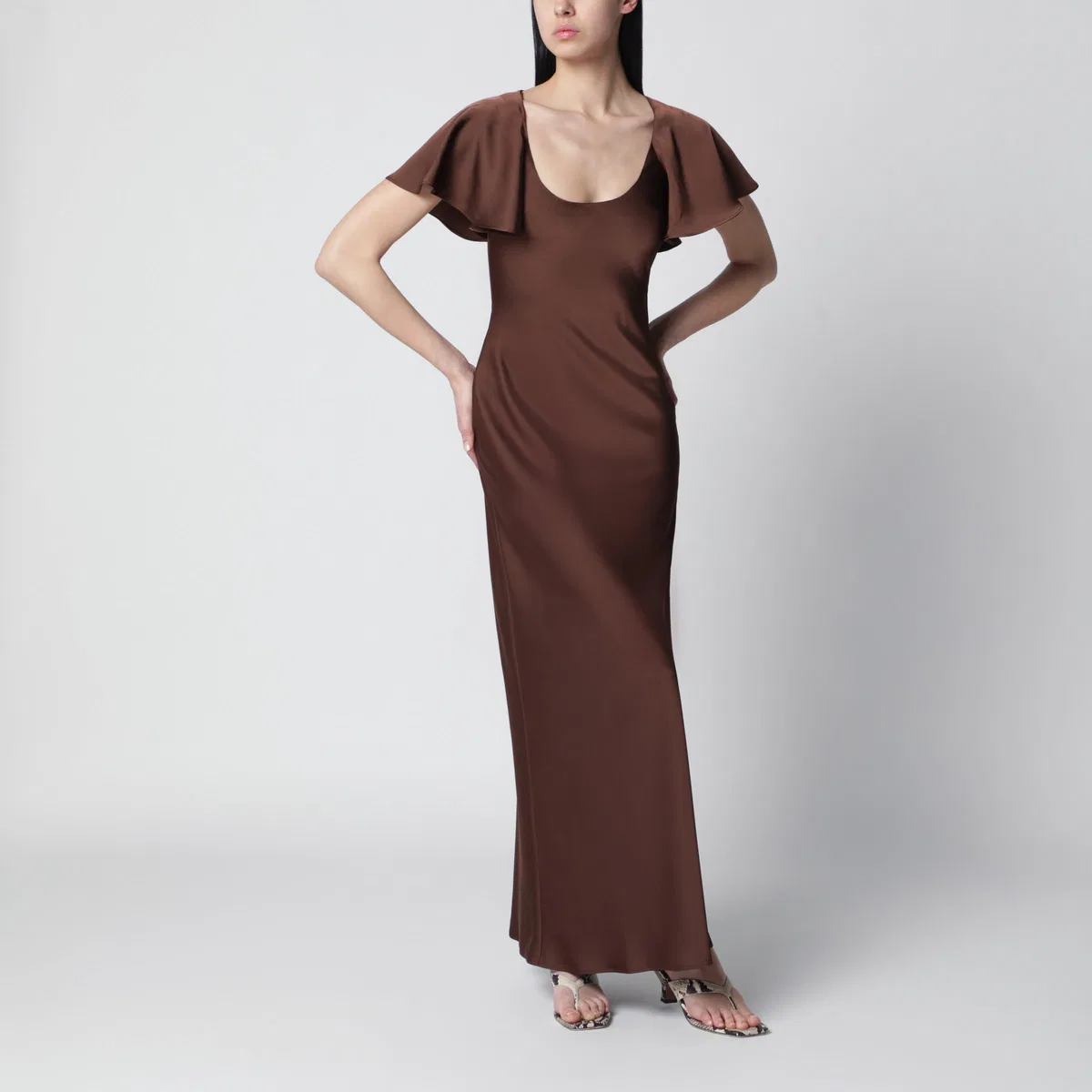 Long Satin Dress With Flutter Sleeves In Potting Soil