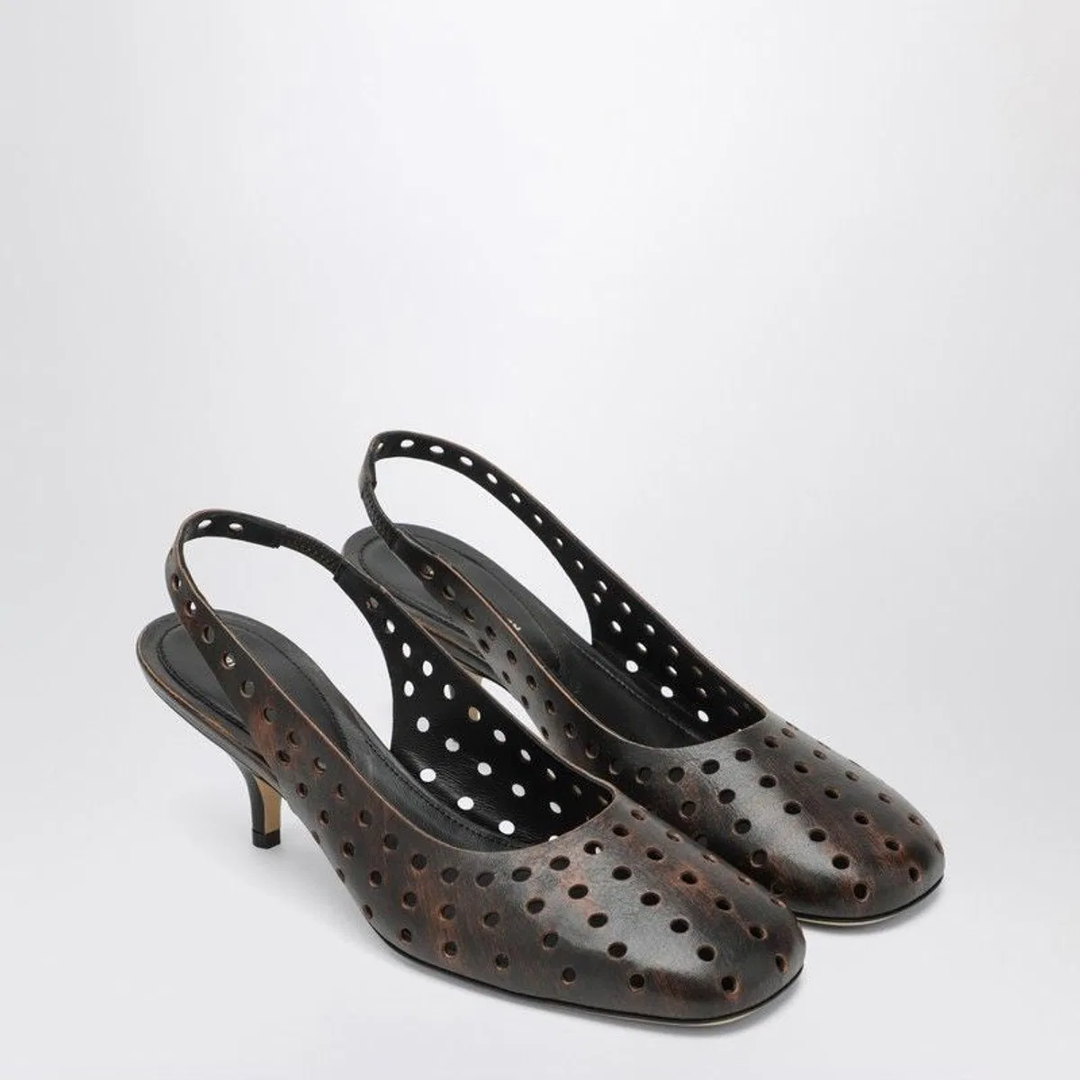 Brown Aged Leather Perforated Slingback Shoes