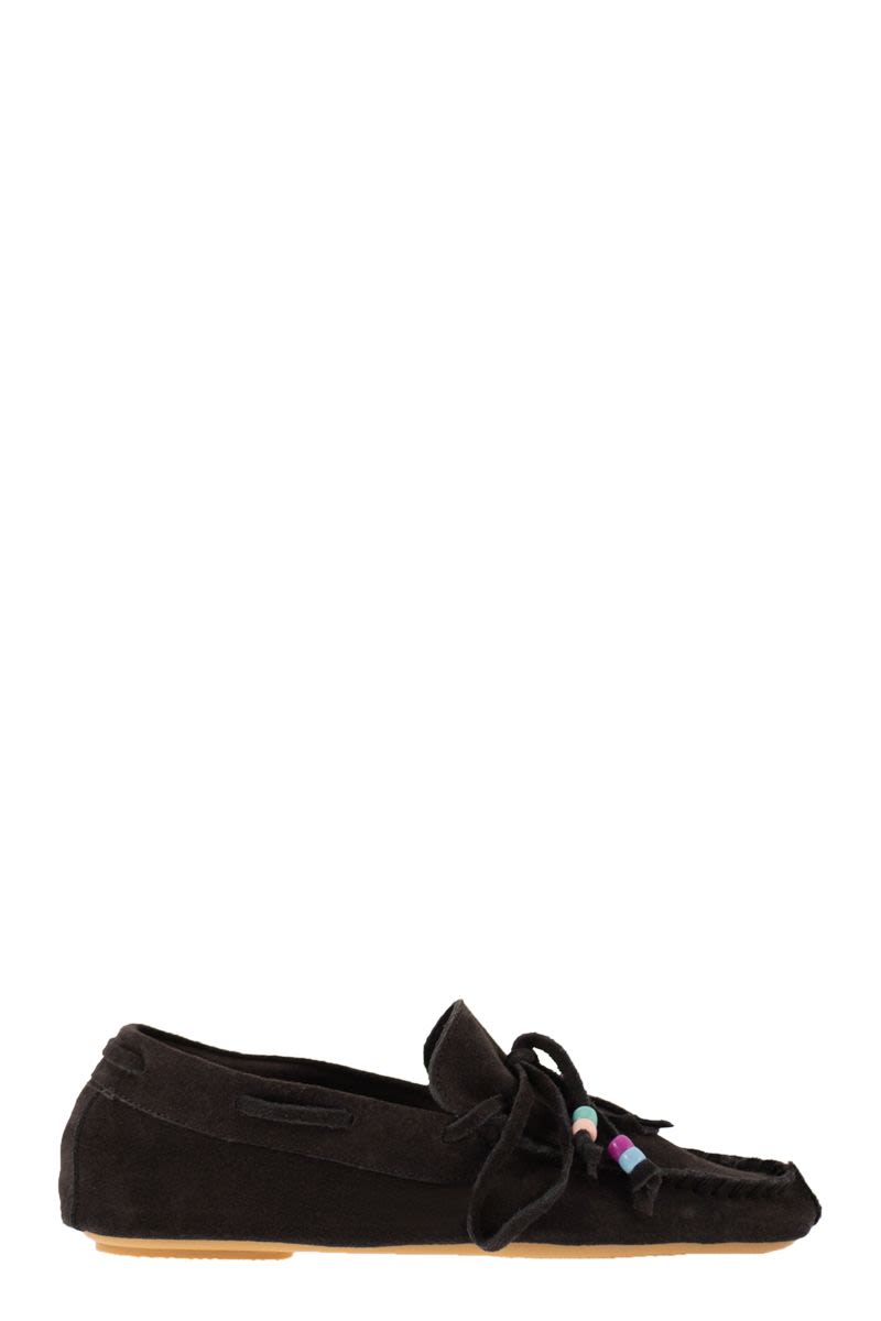 Suede Loafers With Fringes And Decorative Laces