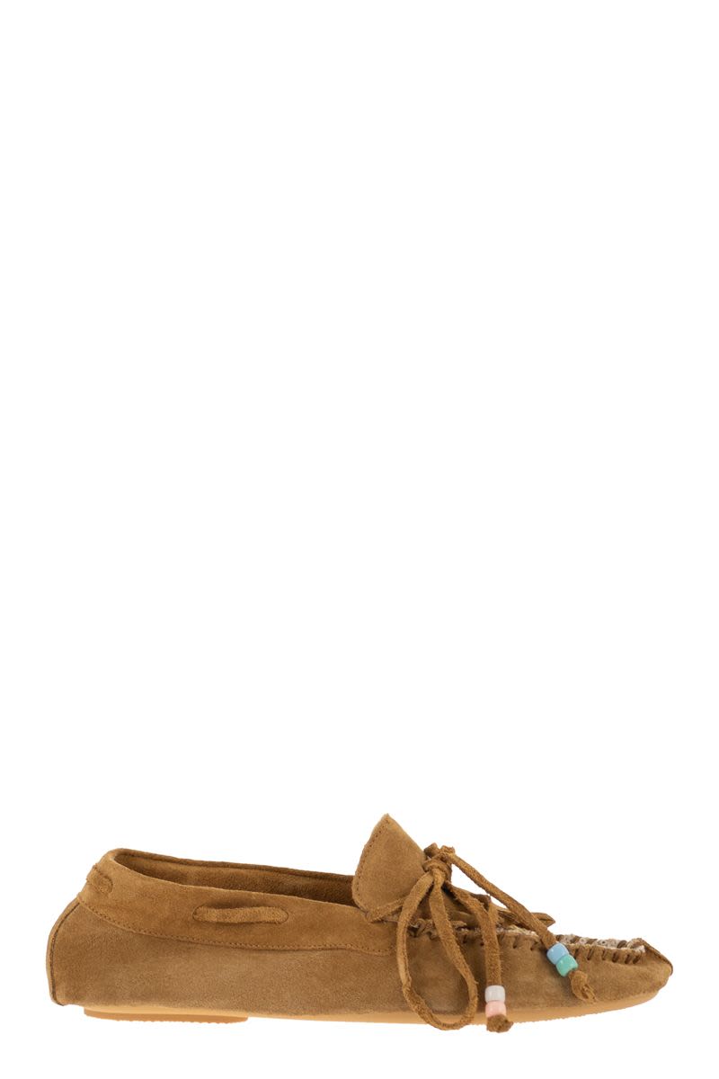 Suede Loafers With Fringes And Sequin Detail