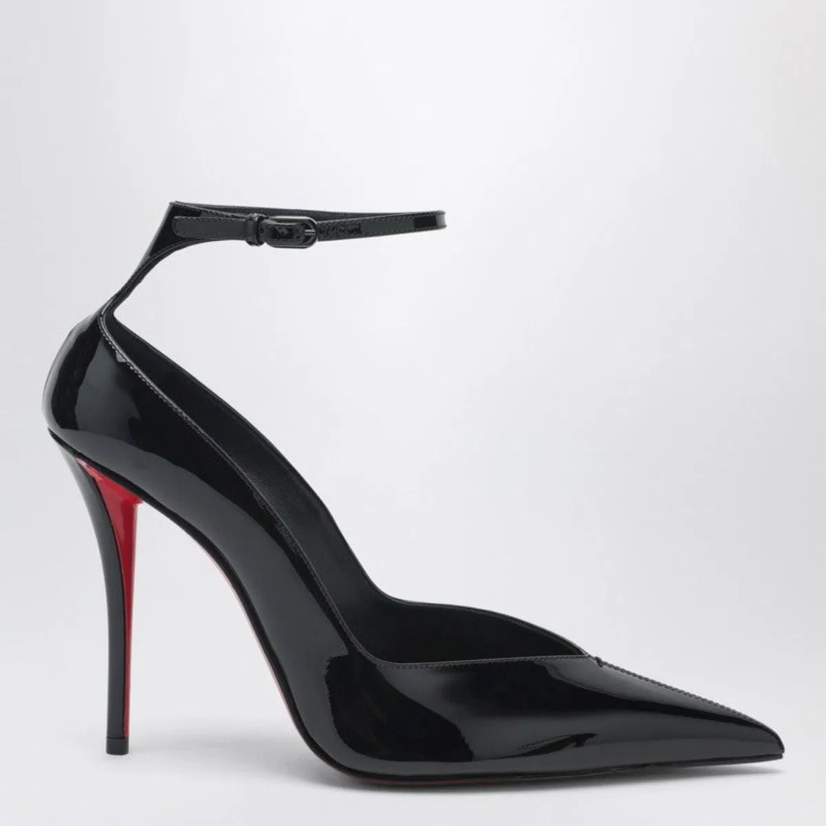 Black Patent Leather Erozee Pumps With Ankle Strap