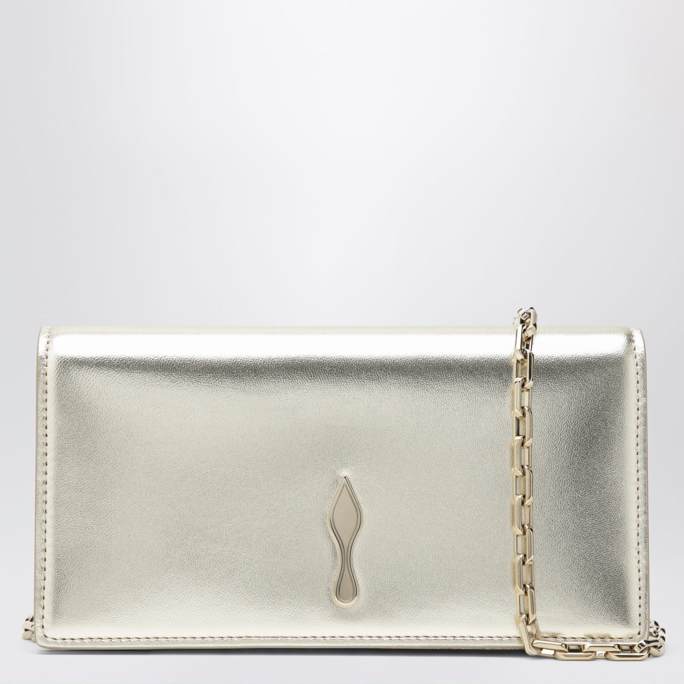 Platinum-Coloured Leather Clutch Bag With Chain