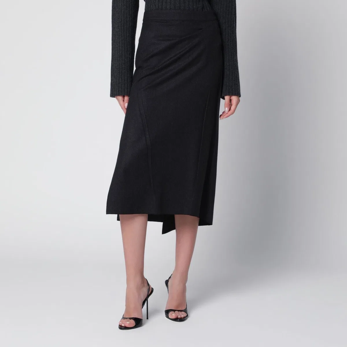 Pressed Midi Skirt In Dark Grey Wool And Mohair